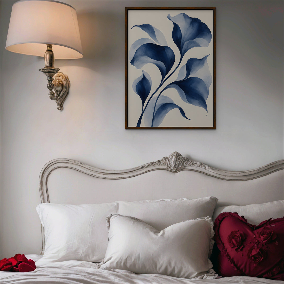 Indigo Watercolor Leaves Canvas Art - Vertical – Walnut Floating Frame in room setting
