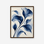 Indigo Watercolor Leaves Canvas Art - Vertical – Walnut Floating Frame on white background