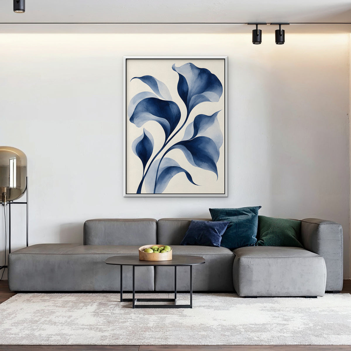 Indigo Watercolor Leaves Canvas Art - Vertical – White Floating Frame in room setting