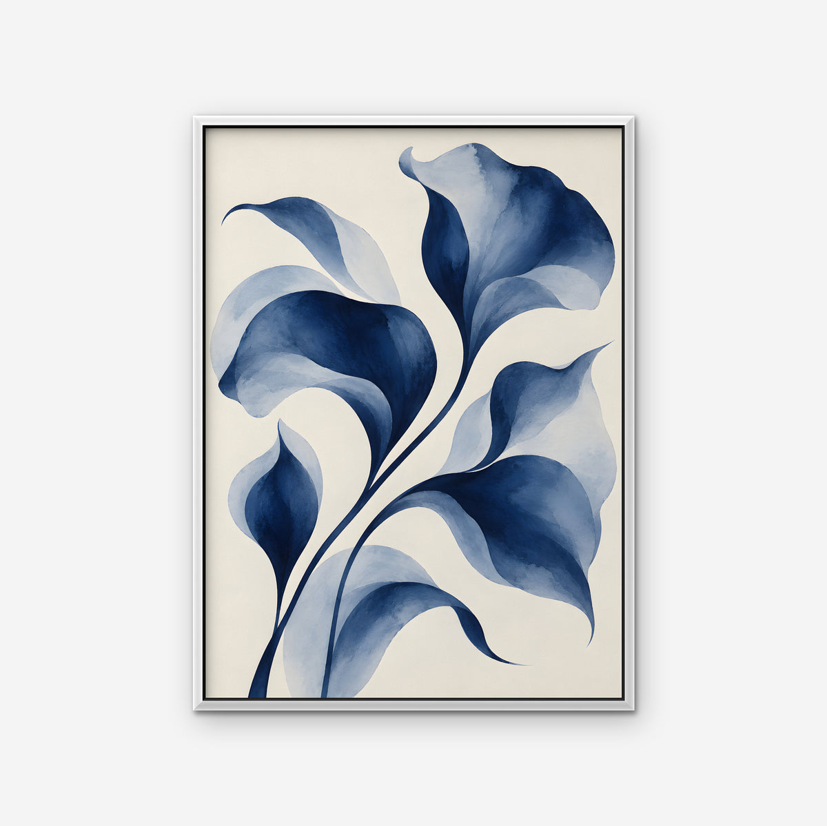 Indigo Watercolor Leaves Canvas Art - Vertical – White Floating Frame on white background