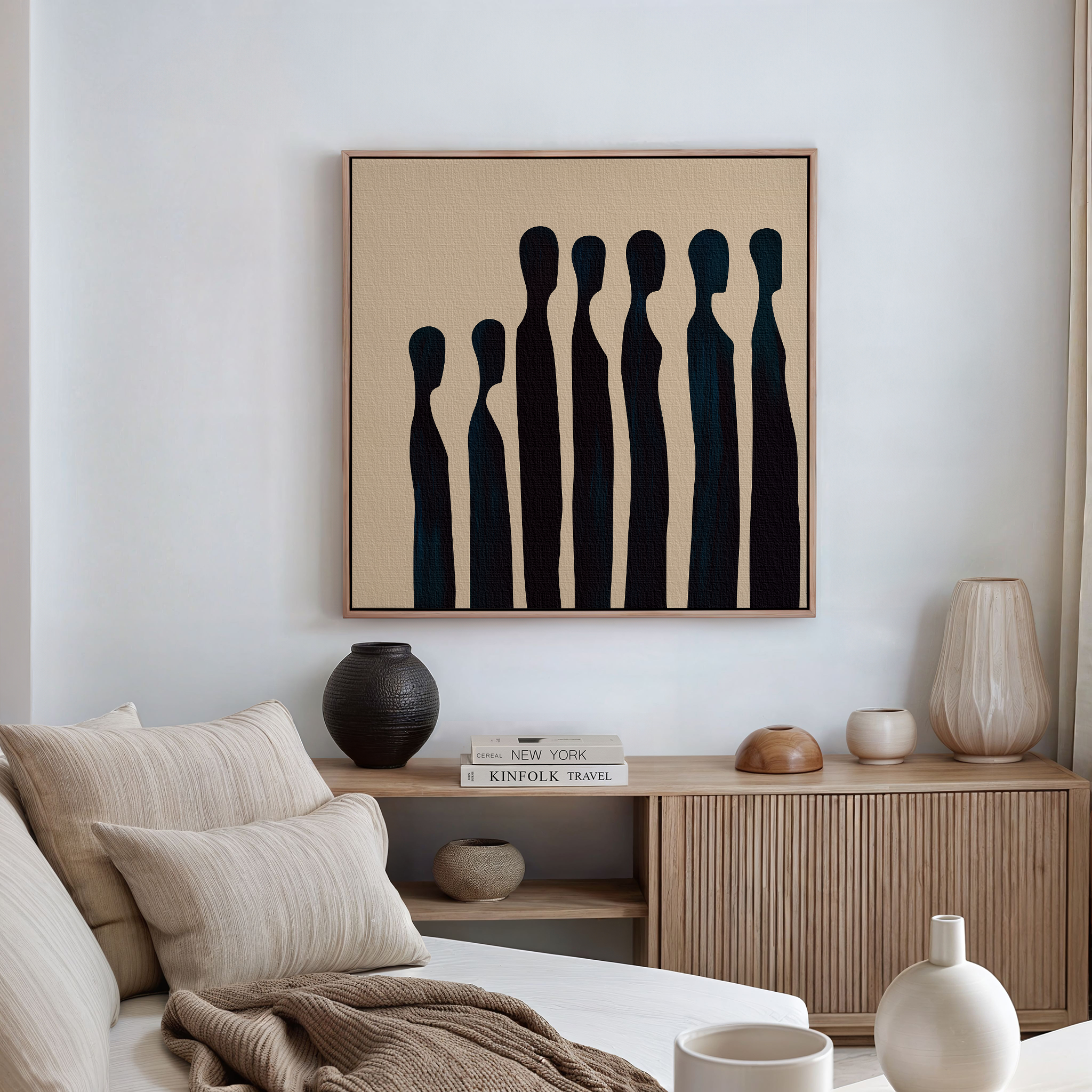 Midnight Silhouettes in Sand – blue abstract canvas wall art print by Aspire Prints