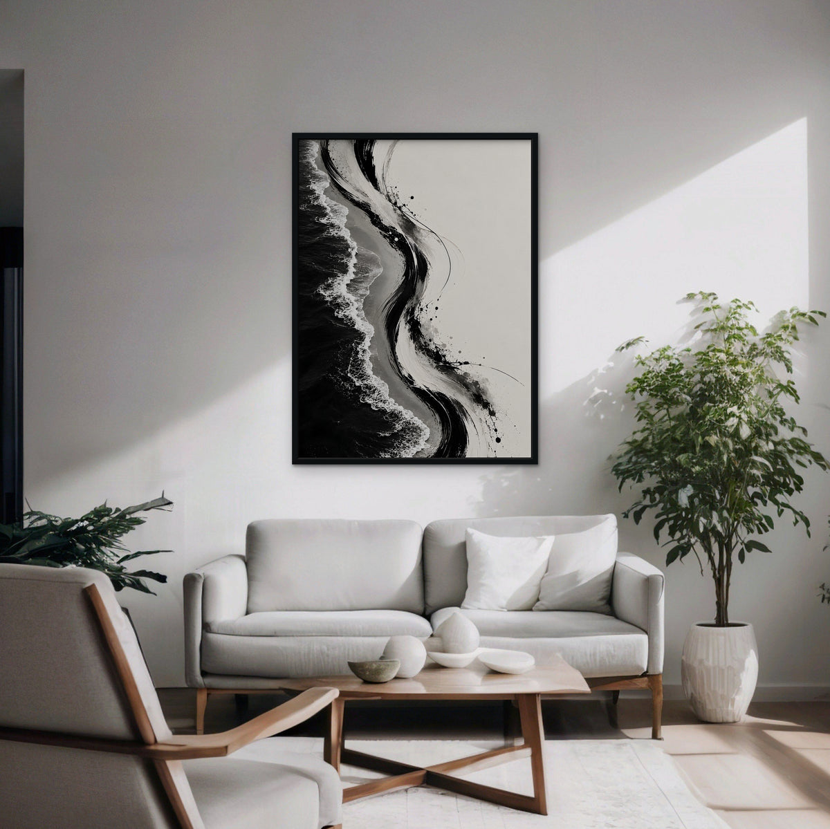 Ink Shoreline Canvas Art - Vertical – Black Floating Frame in room setting
