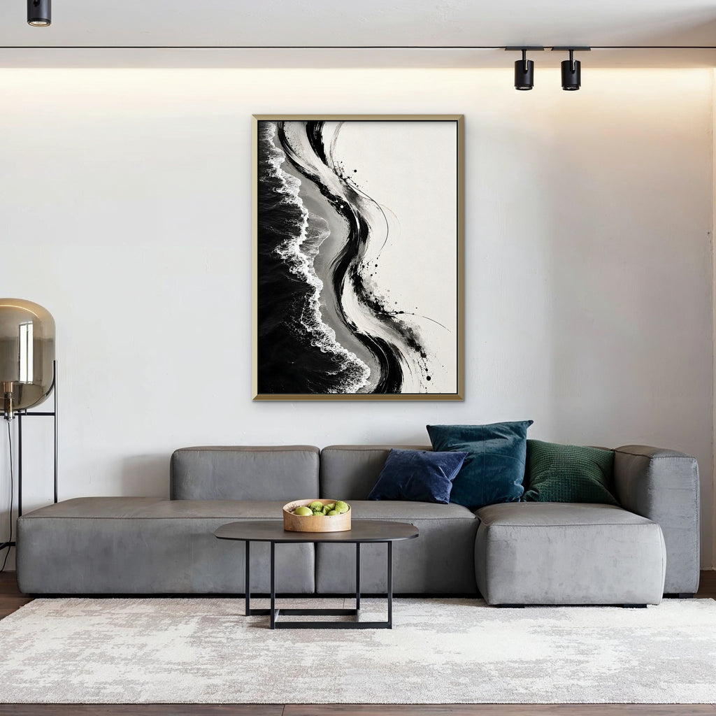 Ink Shoreline Canvas Art - Vertical – Gold Floating Frame in room setting