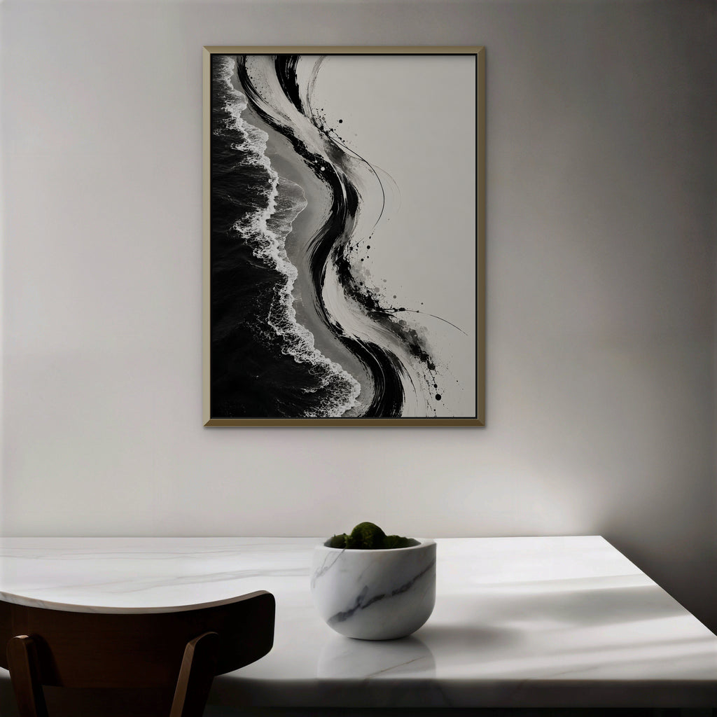 Ink Shoreline Canvas Art - Vertical – Gold Floating Frame in room setting