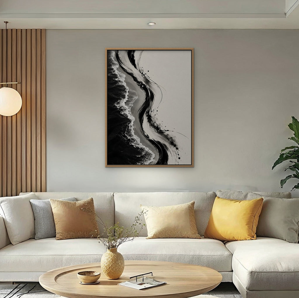 Ink Shoreline Canvas Art - Vertical – Oak Floating Frame in room setting