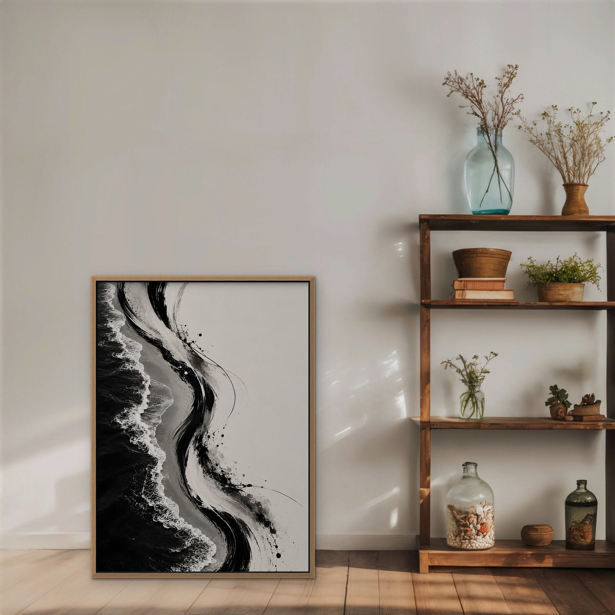 Ink Shoreline Canvas Art - Vertical – Oak Floating Frame in room setting