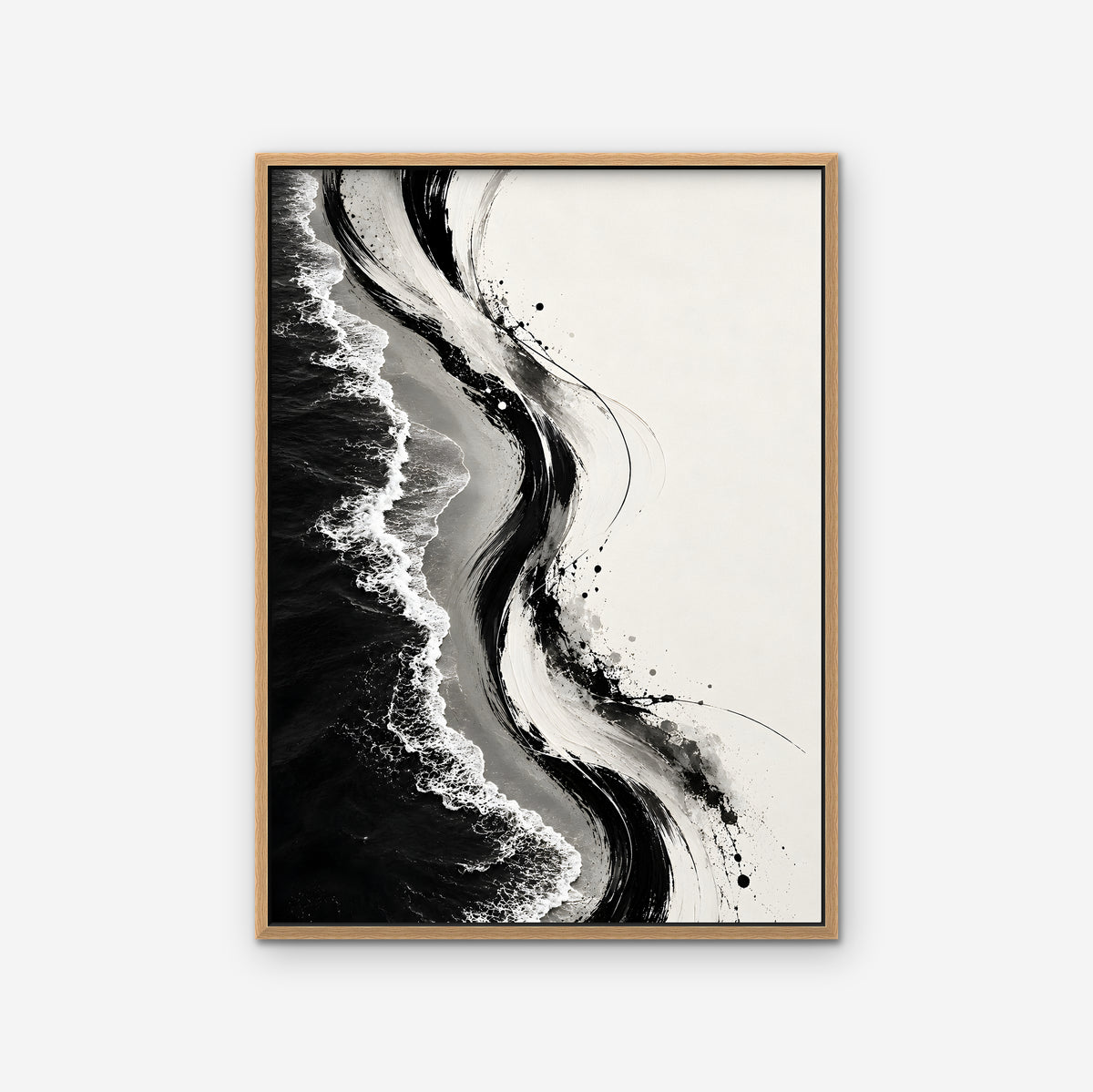 Ink Shoreline Canvas Art - Vertical – Oak Floating Frame on white background