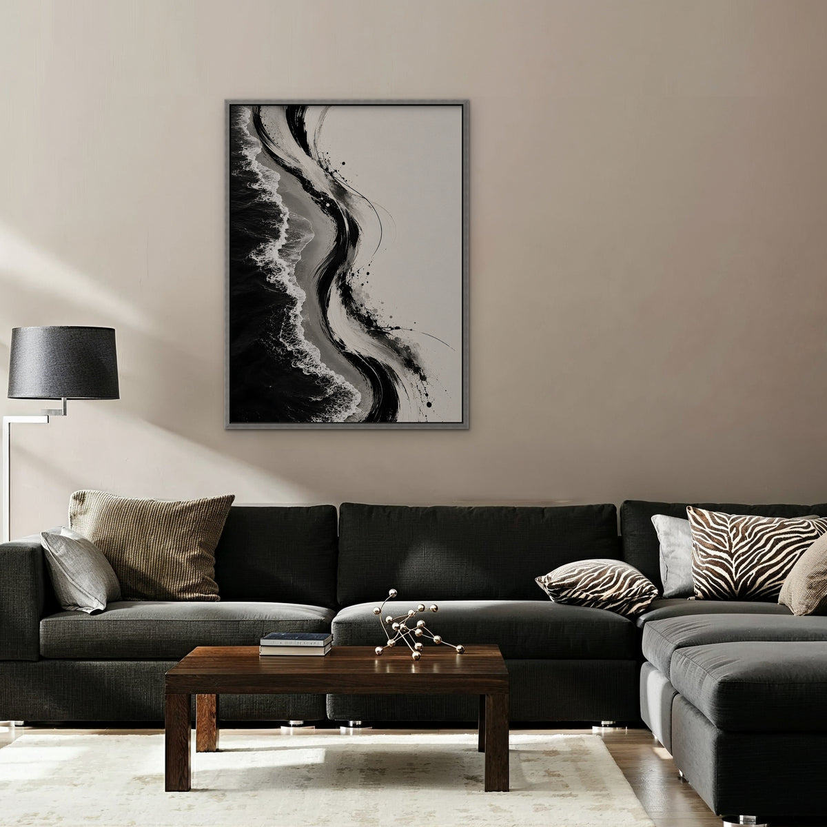 Ink Shoreline Canvas Art - Vertical – Silver Floating Frame in room setting