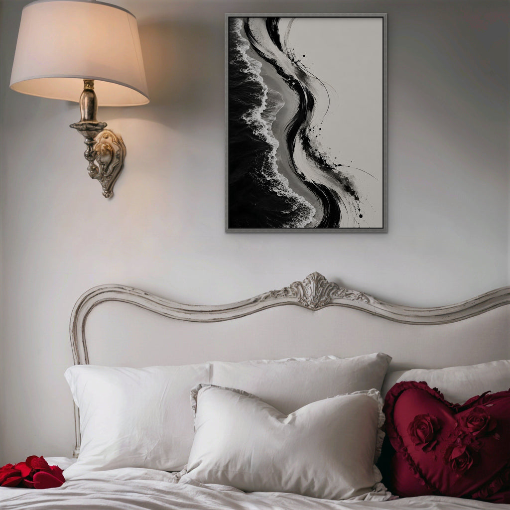 Ink Shoreline Canvas Art - Vertical – Silver Floating Frame in room setting