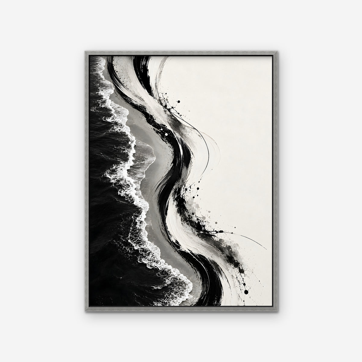 Ink Shoreline Canvas Art - Vertical – Silver Floating Frame on white background