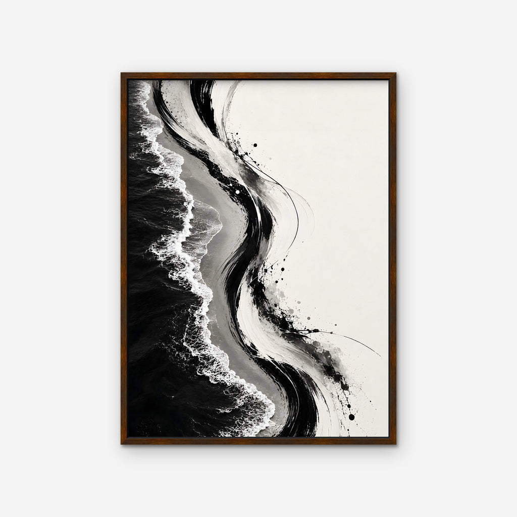 Ink Shoreline Canvas Art - Vertical – Walnut Floating Frame on white background