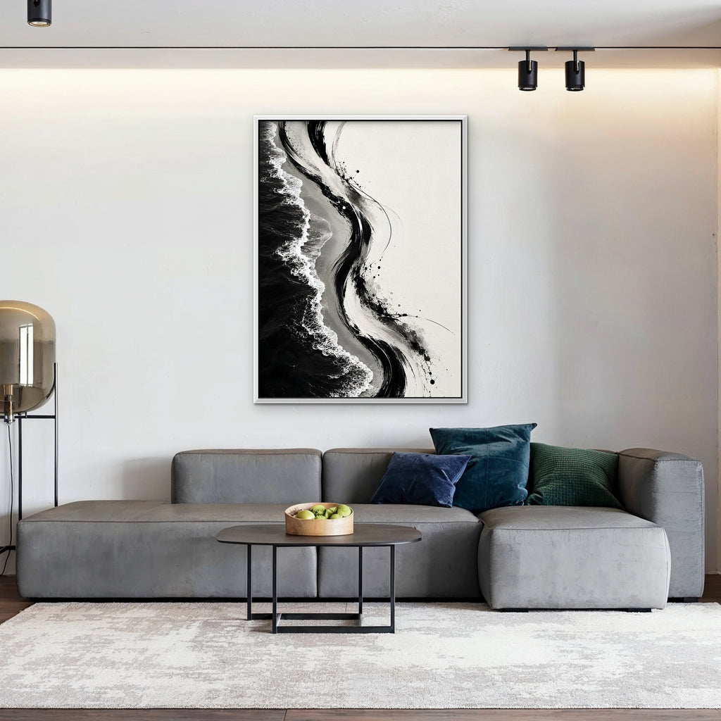 Ink Shoreline Canvas Art - Vertical – White Floating Frame in room setting