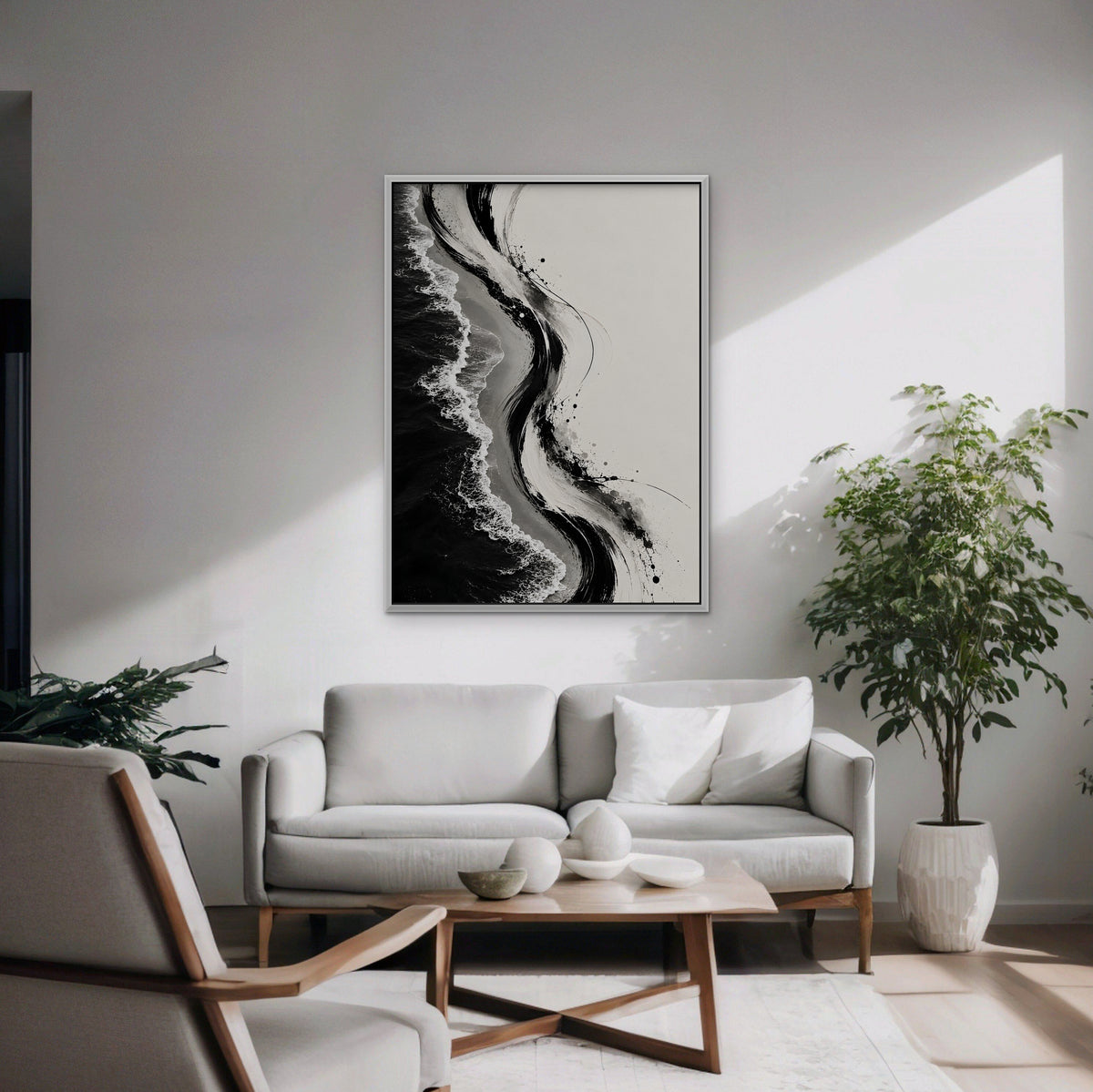 Ink Shoreline Canvas Art - Vertical – White Floating Frame in room setting