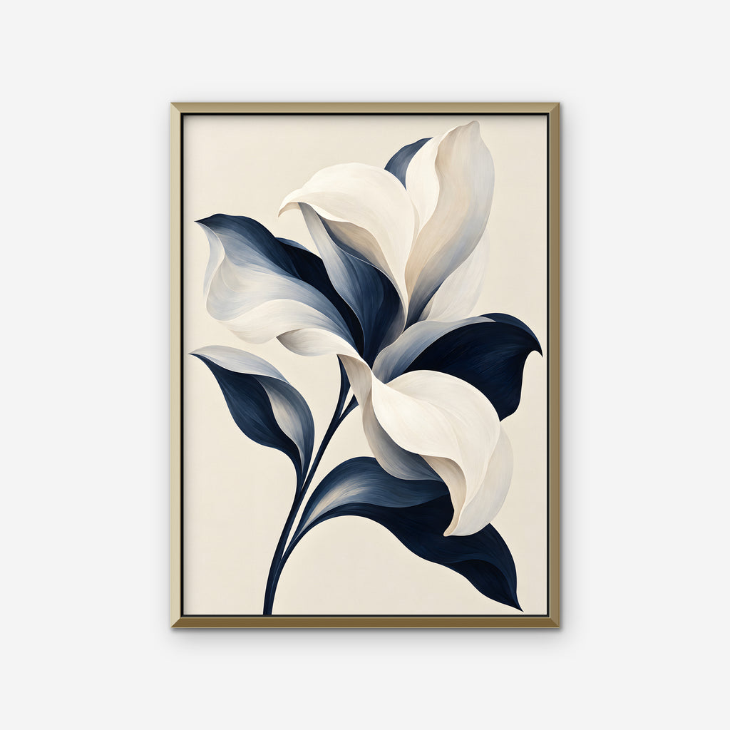 Ivory and Navy Lily Canvas Art - Vertical – Gold Floating Frame on white background