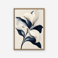 Ivory and Navy Lily Canvas Art - Vertical – Oak Floating Frame on white background