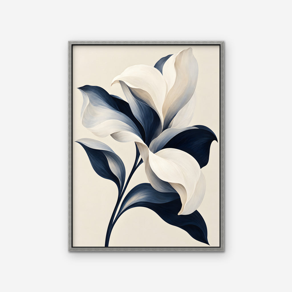 Ivory and Navy Lily Canvas Art - Vertical – Silver Floating Frame on white background
