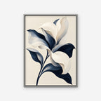 Ivory and Navy Lily Canvas Art - Vertical – Silver Floating Frame on white background