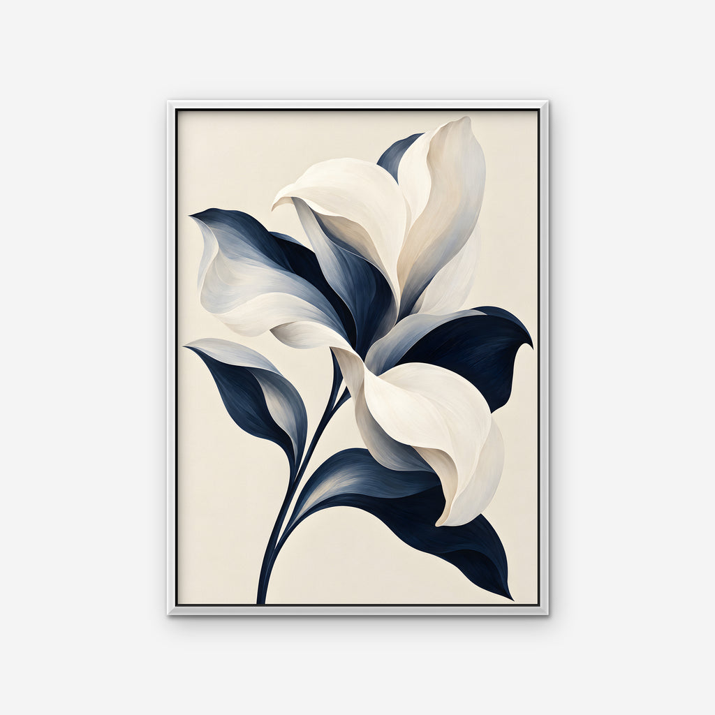 Ivory and Navy Lily Canvas Art - Vertical – White Floating Frame on white background