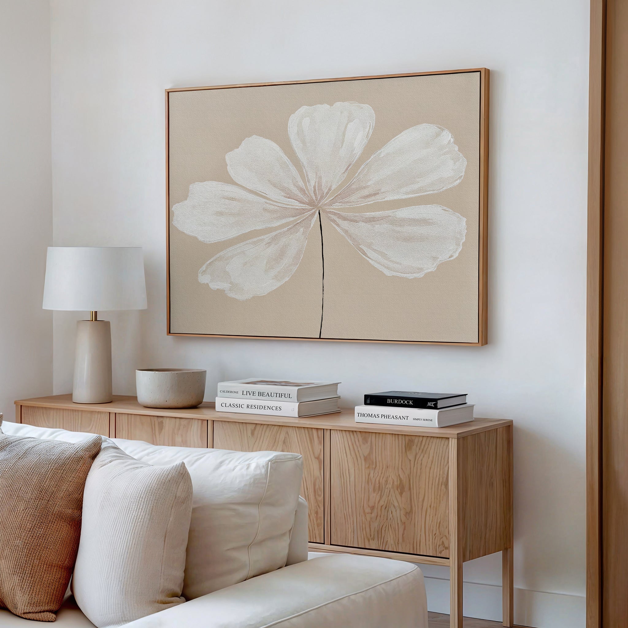 Whisper of Petals – beige and white botanical canvas wall art print by Aspire Prints