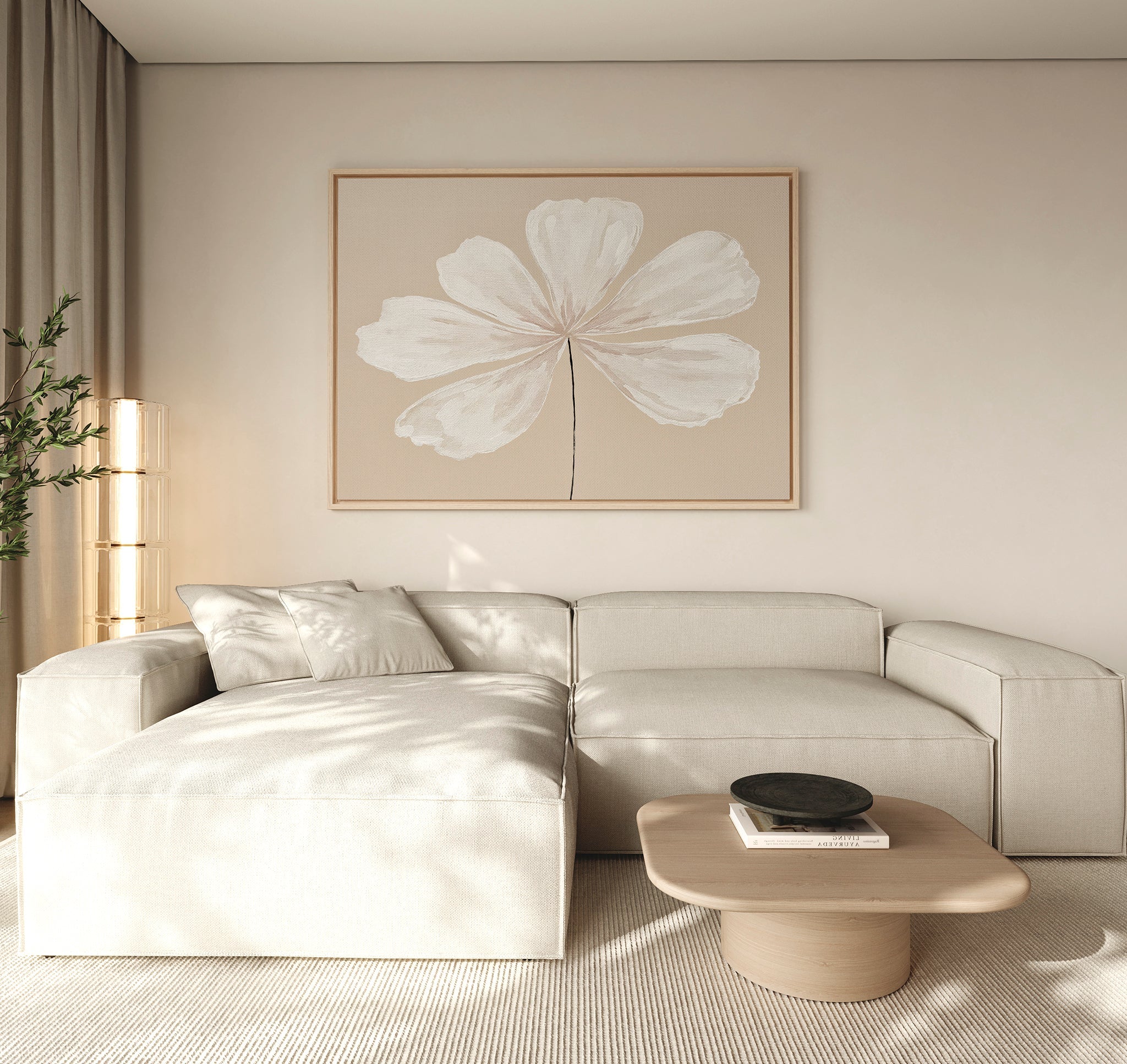 Whisper of Petals – beige and white botanical canvas wall art print by Aspire Prints