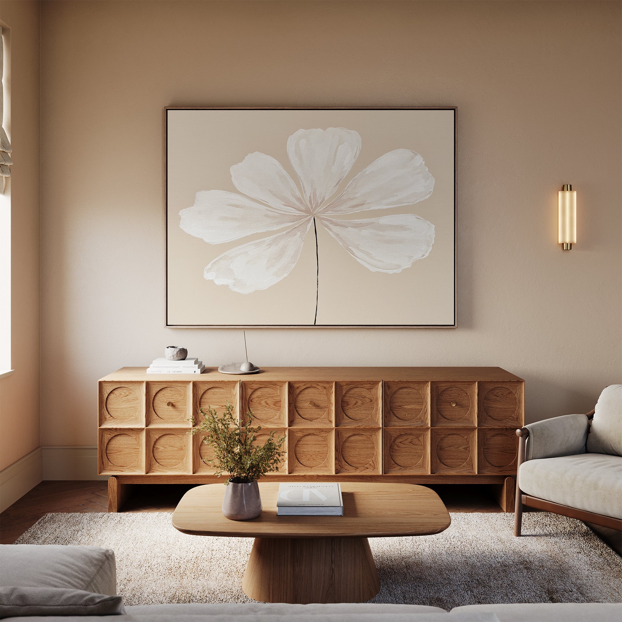 Whisper of Petals – beige and white botanical canvas wall art print by Aspire Prints