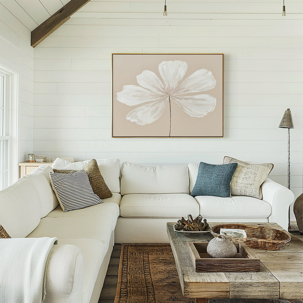 Whisper of Petals – beige and white botanical canvas wall art print by Aspire Prints