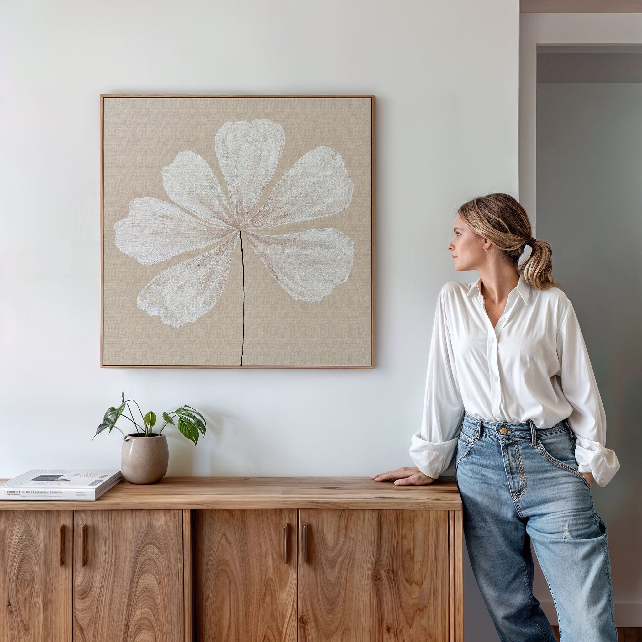 Whisper of Petals – beige and white botanical canvas wall art print by Aspire Prints
