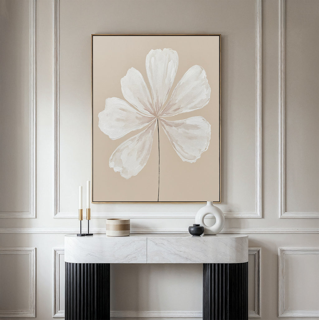 Petals in Quiet Light – beige and white botanical canvas wall art print by Aspire Prints