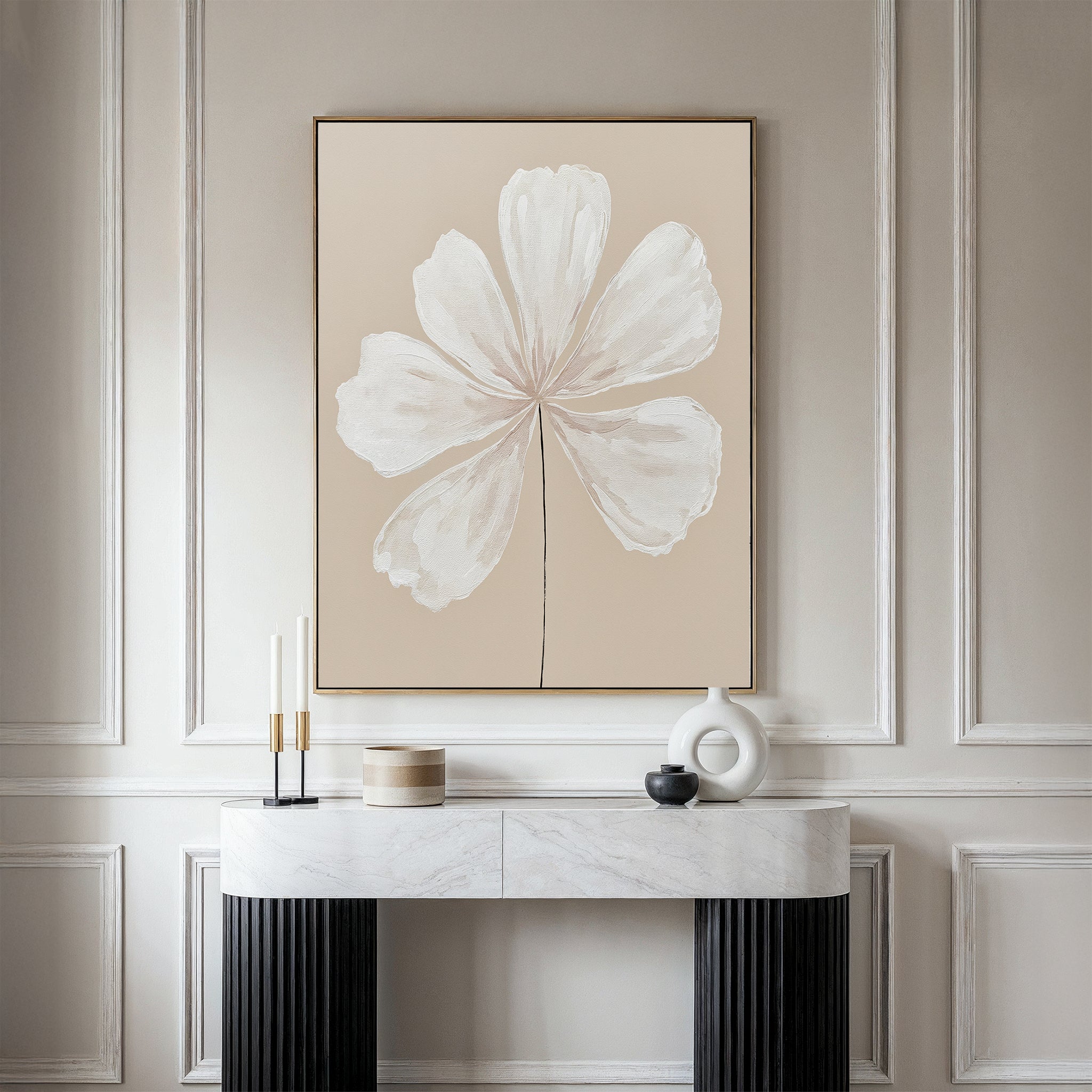 Petals in Quiet Light – beige and white botanical canvas wall art print by Aspire Prints