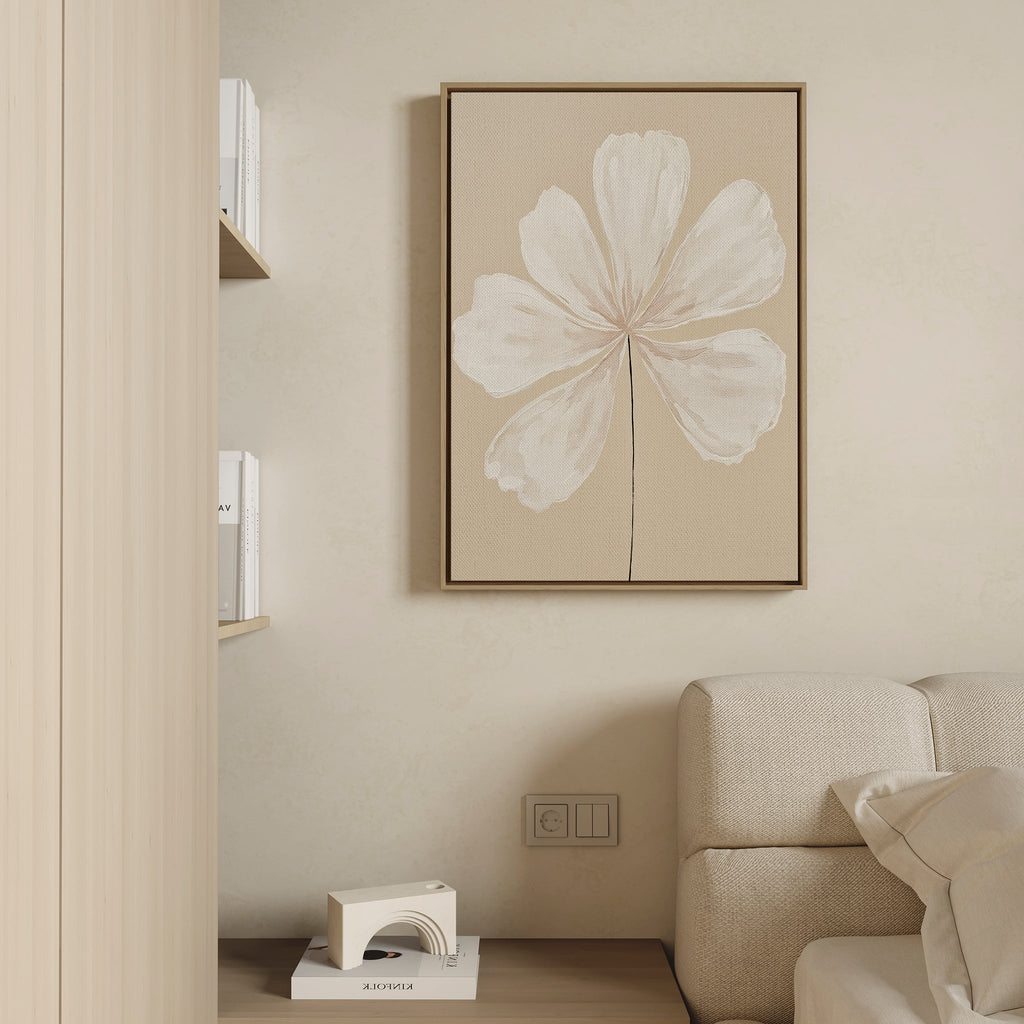 Petals in Quiet Light – beige and white botanical canvas wall art print by Aspire Prints