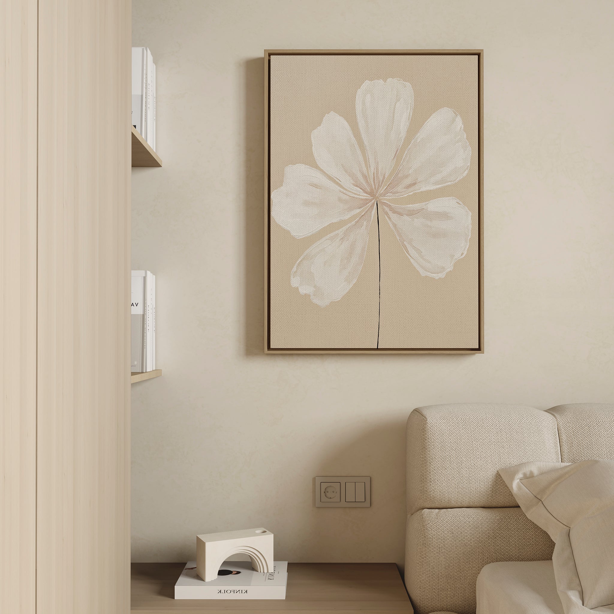 Petals in Quiet Light – beige and white botanical canvas wall art print by Aspire Prints