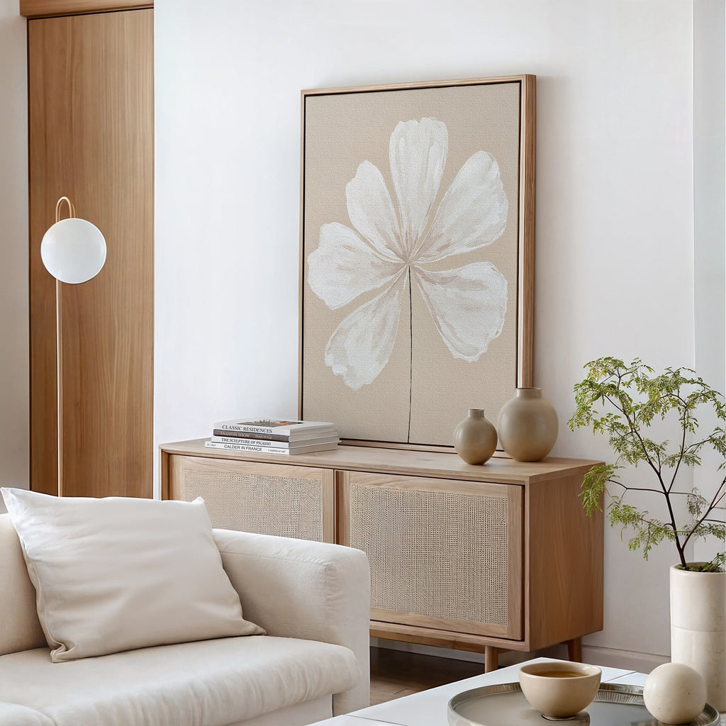 Petals in Quiet Light – beige and white botanical canvas wall art print by Aspire Prints