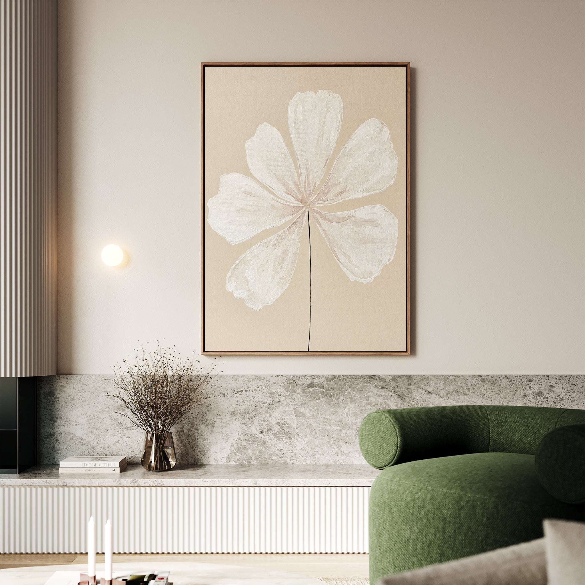 Petals in Quiet Light – beige and white botanical canvas wall art print by Aspire Prints