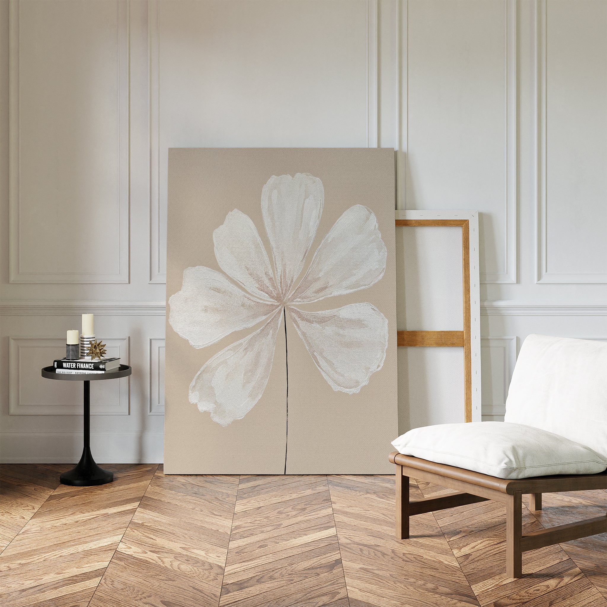 Petals in Quiet Light – beige and white botanical canvas wall art print by Aspire Prints