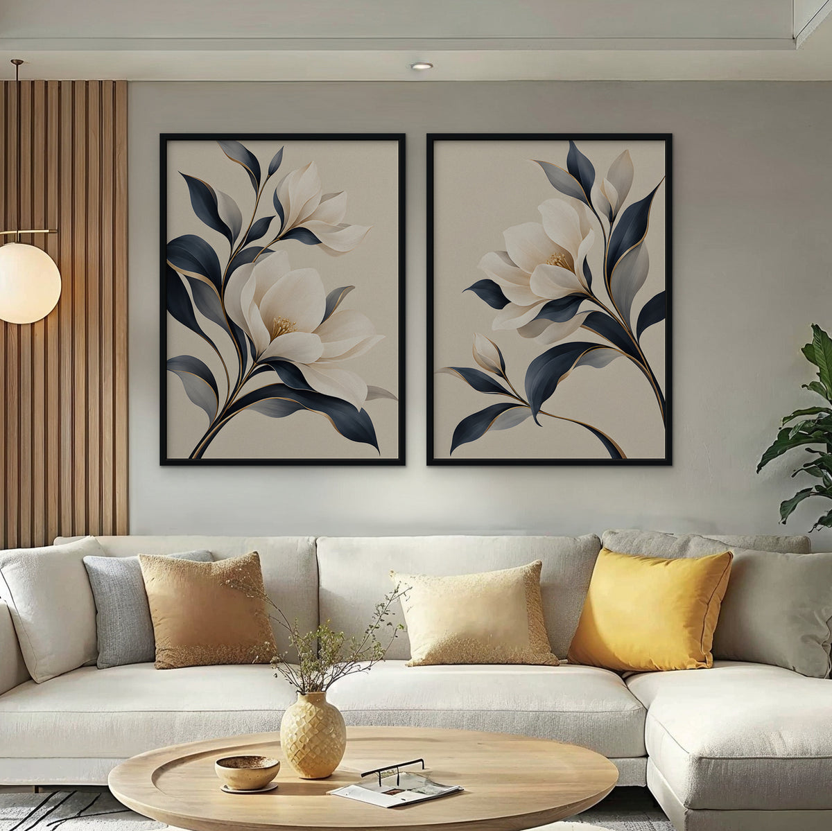 Ivory Blossoms Canvas Art - Set of 2 – Black Floating Frame in room setting