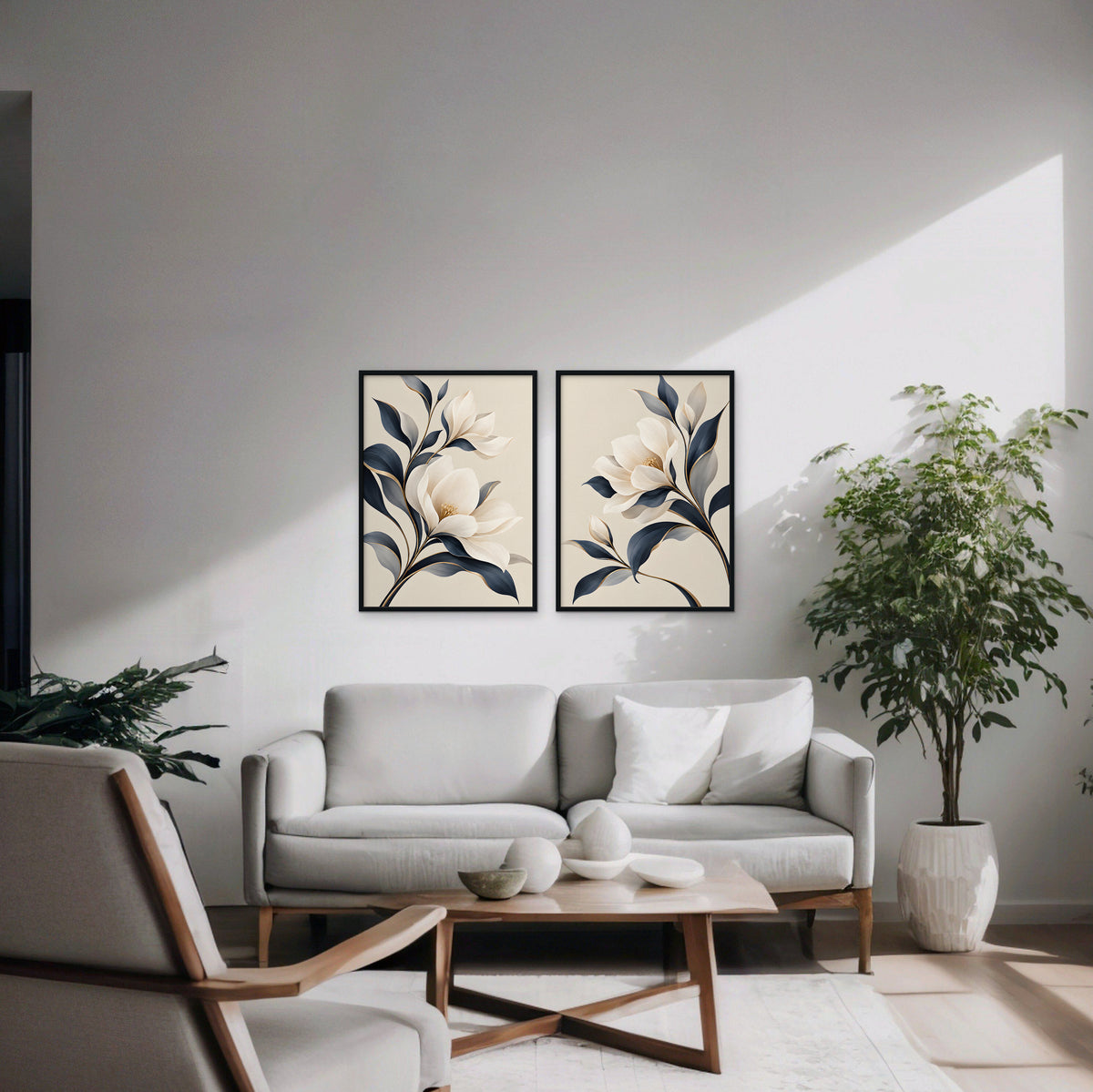 Ivory Blossoms Canvas Art - Set of 2 – Black Floating Frame in room setting