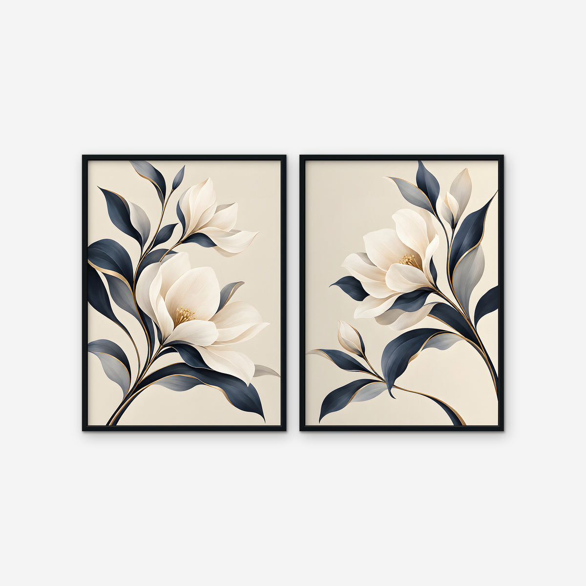 Ivory Blossoms Canvas Art - Set of 2 – Black Floating Frame on white background