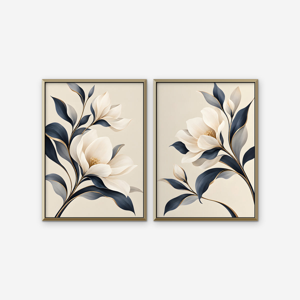 Ivory Blossoms Canvas Art - Set of 2 – Gold Floating Frame on white background