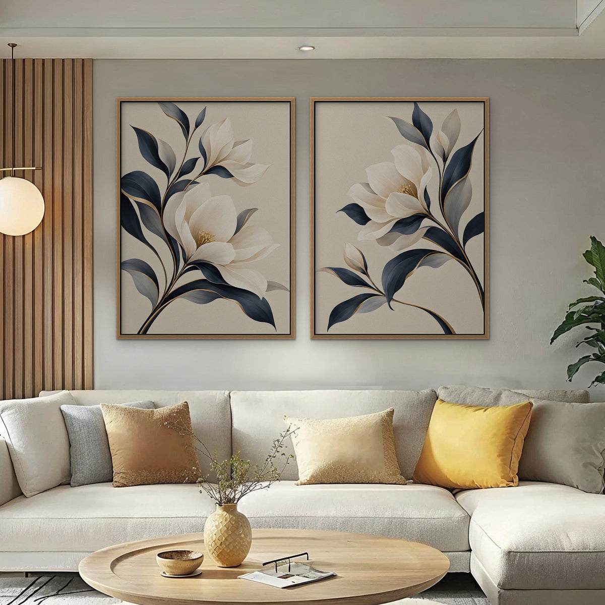Ivory Blossoms Canvas Art - Set of 2 – Oak Floating Frame in room setting