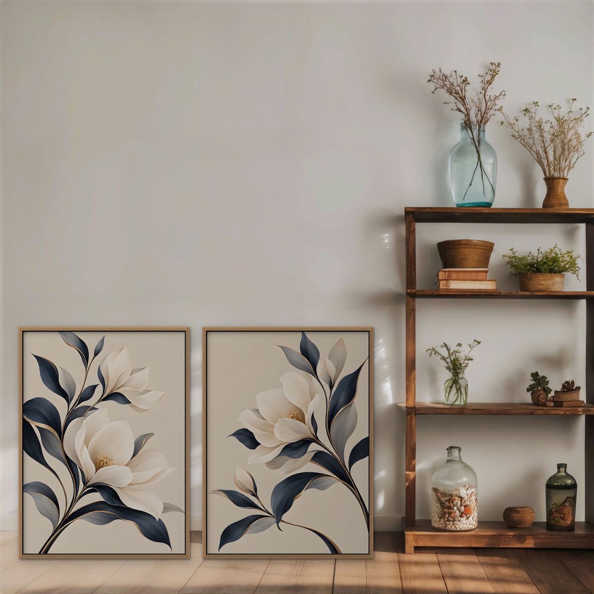 Ivory Blossoms Canvas Art - Set of 2 – Oak Floating Frame in room setting