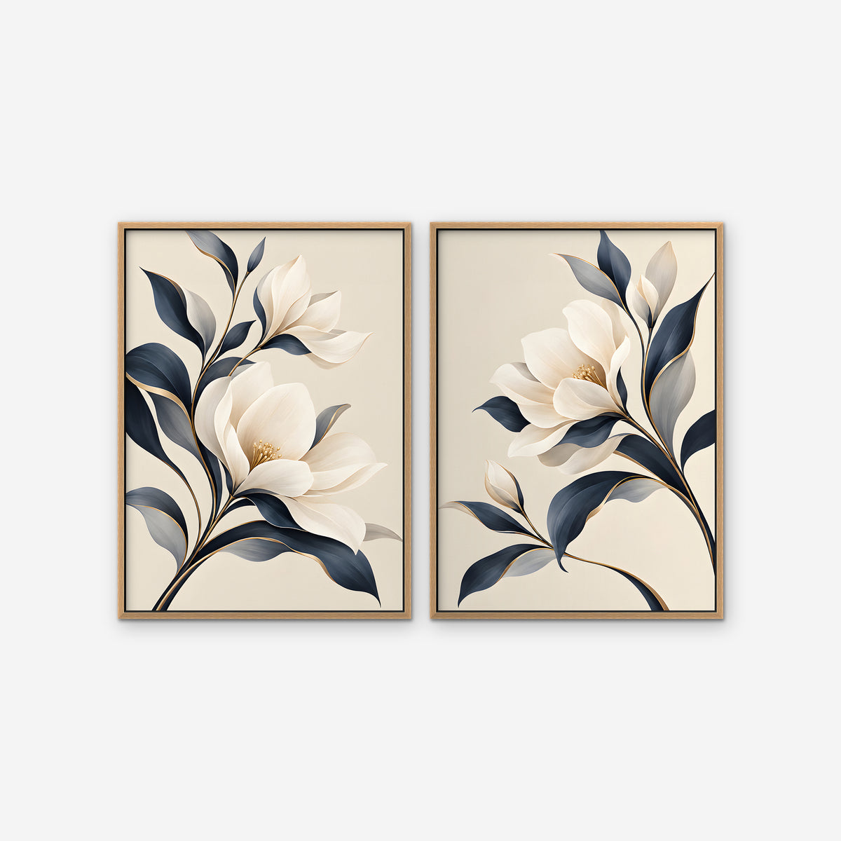 Ivory Blossoms Canvas Art - Set of 2 – Oak Floating Frame on white background