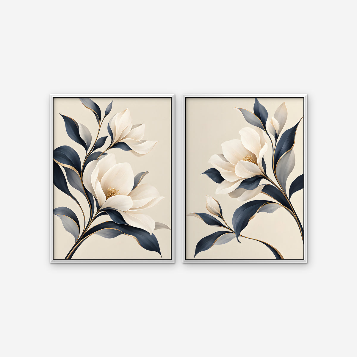 Ivory Blossoms Canvas Art - Set of 2 – White Floating Frame on white background