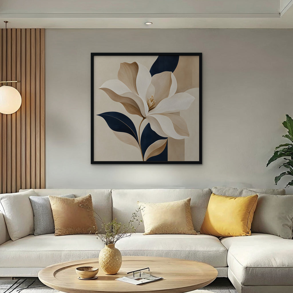 Ivory Magnolia Canvas Art - Square – Black Floating Frame in room setting