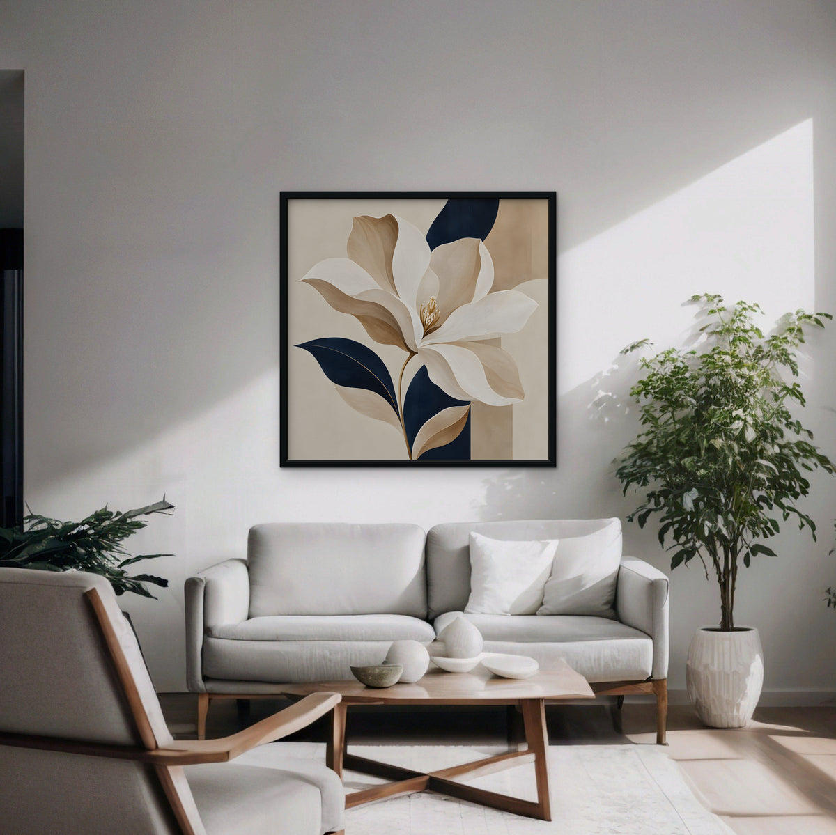 Ivory Magnolia Canvas Art - Square – Black Floating Frame in room setting