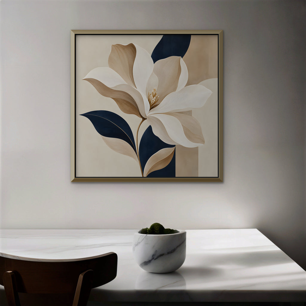 Ivory Magnolia Canvas Art - Square – Gold Floating Frame in room setting