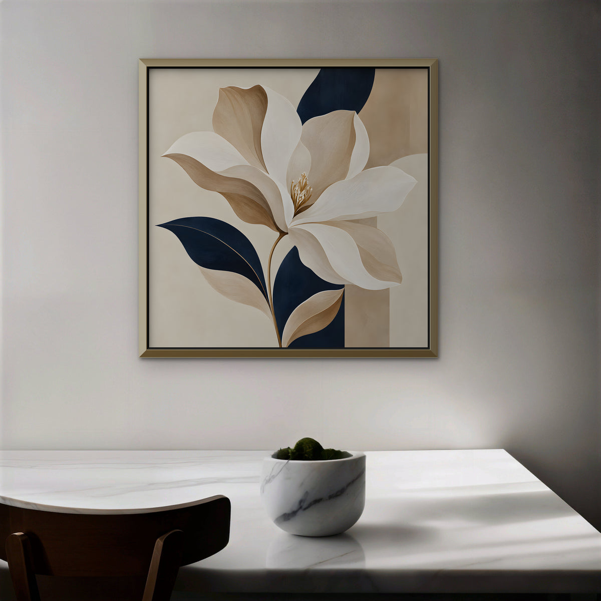 Ivory Magnolia Canvas Art - Square – Gold Floating Frame in room setting
