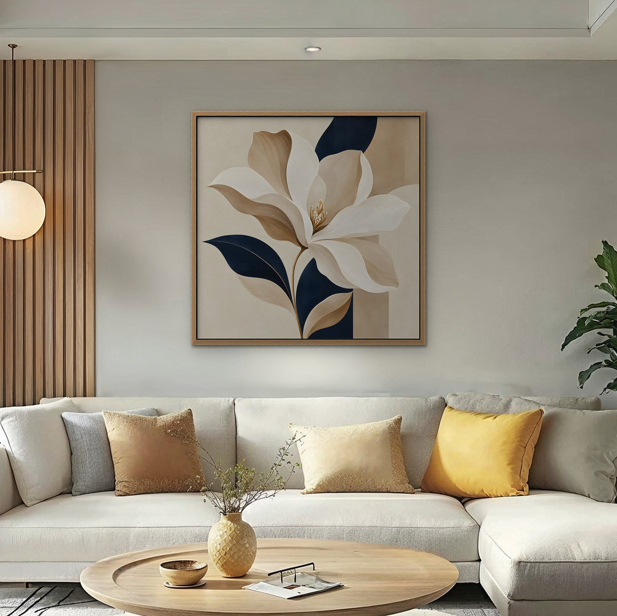 Ivory Magnolia Canvas Art - Square – Oak Floating Frame in room setting