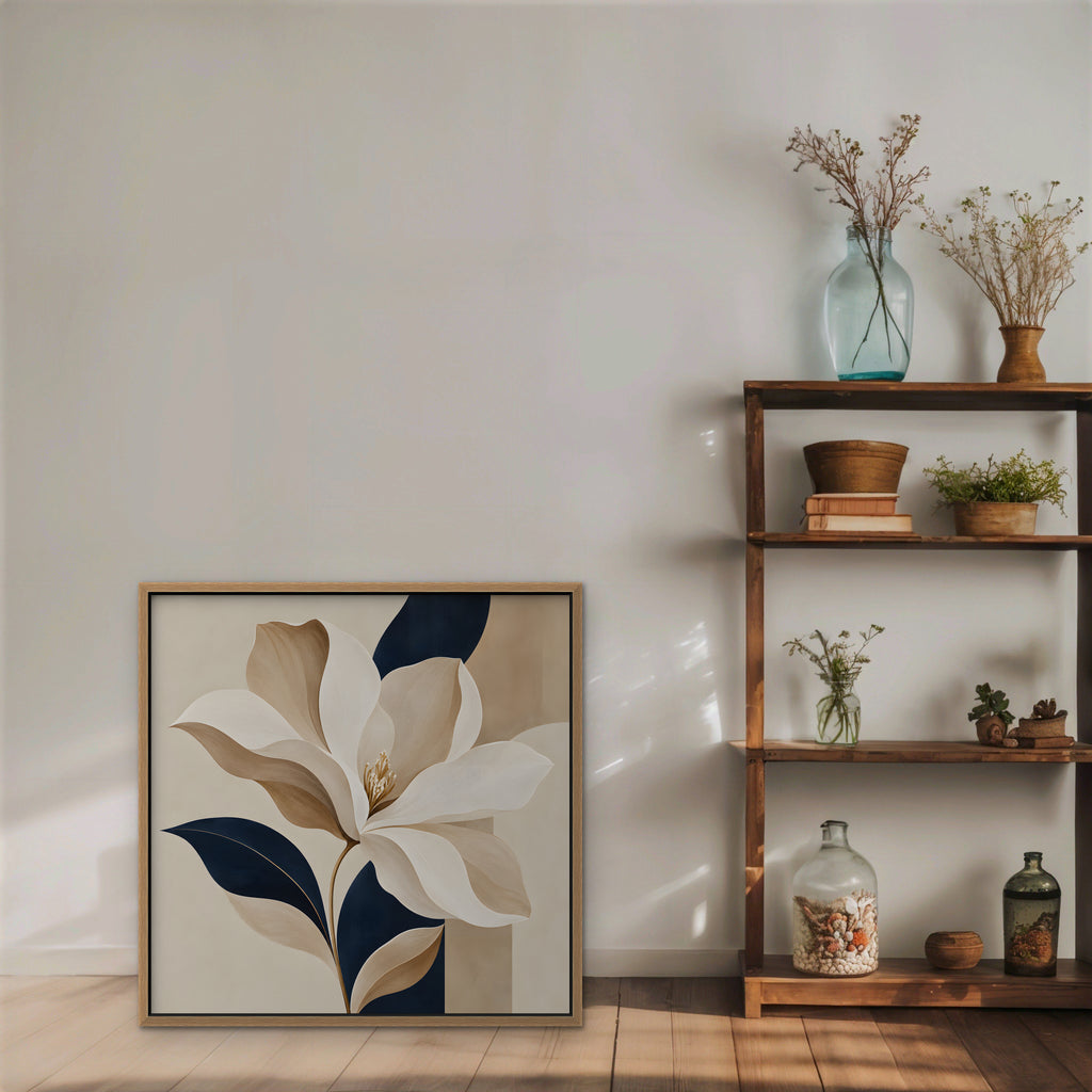Ivory Magnolia Canvas Art - Square – Oak Floating Frame in room setting