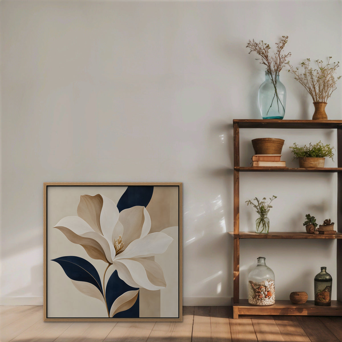 Ivory Magnolia Canvas Art - Square – Oak Floating Frame in room setting