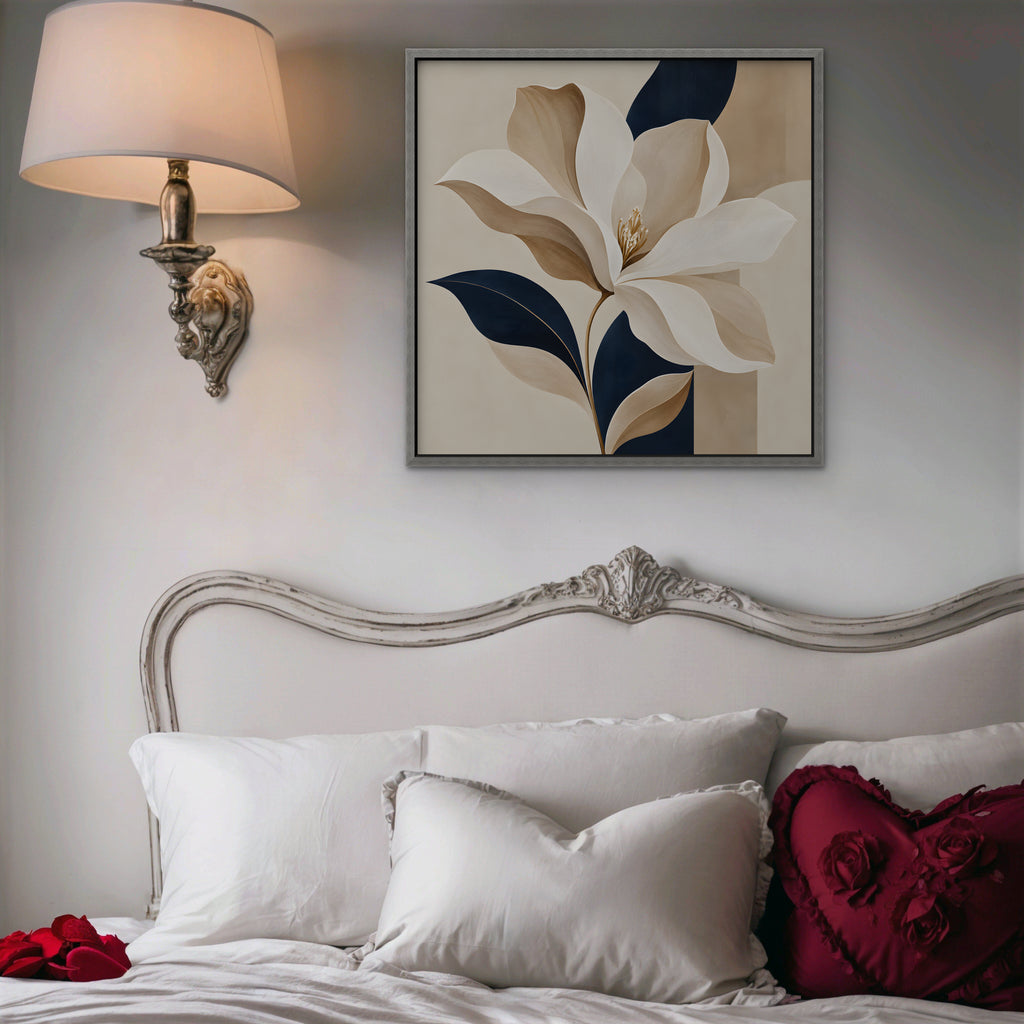 Ivory Magnolia Canvas Art - Square – Silver Floating Frame in room setting